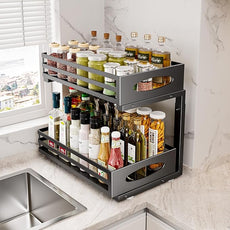 Under Sink Organizer, 2 Tier Under Sink Organizers and Storage, Adjustable Height, Slide out Metal Cabinet Organizers, Pull out Cabinet Storage Drawer Shelf for Kitchen Bathroom