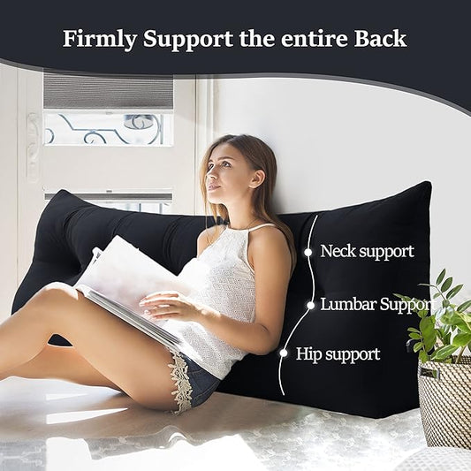 Johnear Wedge Headboard Large Bolster Pillow Reading Pillows for Sitting in Bed Adult， Velvet Triangular Cushion Backrest Lumbar Back Support Upholstered Daybed Sit Up Book Pillows（Black, Full）