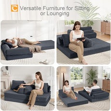 COMAX Convertible Sofa Bed, Folding Floor Couch Corduroy Fold Out Couch Bed Futon Sleeper Mattress with Pillows, Boneless Sofa Comfy Lounge Loveseat for Living Room Bedroom, Plush Grey