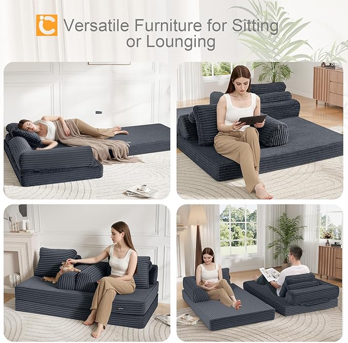 COMAX Convertible Sofa Bed, Folding Floor Couch Corduroy Fold Out Couch Bed Futon Sleeper Mattress with Pillows, Boneless Sofa Comfy Lounge Loveseat for Living Room Bedroom, Plush Grey