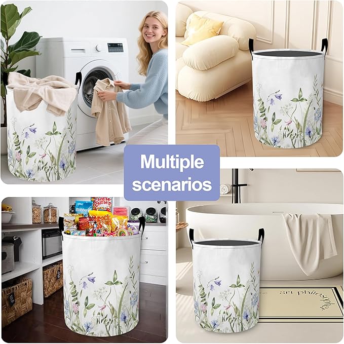 Vintage Wild Flowers Laundry Basket-Large Foldable Hamper Holder Portable Tall Collapsible Laundry Hamper Storage Basket Bin with Handles, Canvas & Waterproof lining for Household Items