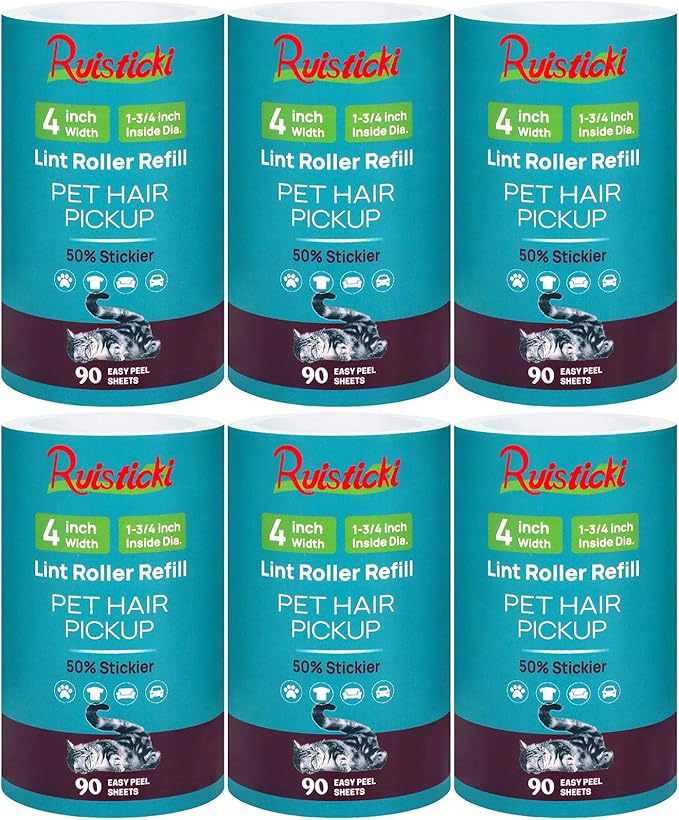 4 inch Lint Roller Refills Only for Scotch-Brite, Pet Hair Pickup Extra Sticky Lint Roller Refill 90 Sheets by 6 Pack - 540 Easy-Tear Adhesive Sheets Total (Inside Dia. 1 3/4 inch)