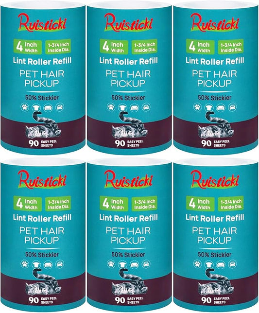4 inch Lint Roller Refills Only for Scotch-Brite, Pet Hair Pickup Extra Sticky Lint Roller Refill 90 Sheets by 6 Pack - 540 Easy-Tear Adhesive Sheets Total (Inside Dia. 1 3/4 inch)