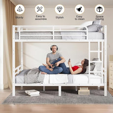 Full XL Over Full XL Bunk Bed, Metal Bunk Bed Frame Heavy Duty Bunk Beds Loft Bed Frame with Ladder and Guardrail Metal Slats No Box Spring Required for Adults Teens, White