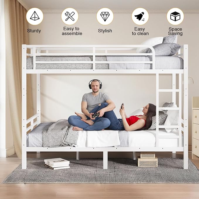 Full XL Over Full XL Bunk Bed, Metal Bunk Bed Frame Heavy Duty Bunk Beds Loft Bed Frame with Ladder and Guardrail Metal Slats No Box Spring Required for Adults Teens, White