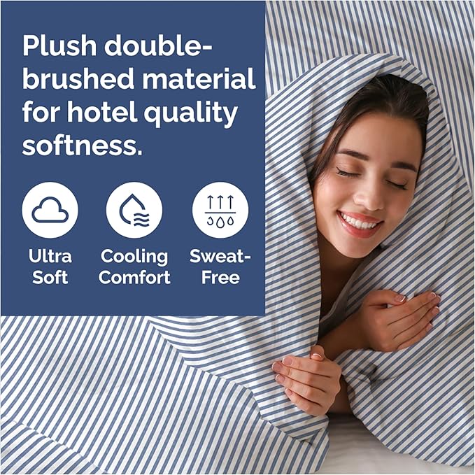 Duvet Cover King Size Set - Extra Soft King Size Duvet Cover 104 x 90 with 2 Pillow Shams - Hotel Luxury Easy Care and Fade Free w/Zipper Closures & Ties - Comfy Breathable Bedding Set (Blue Stripes)