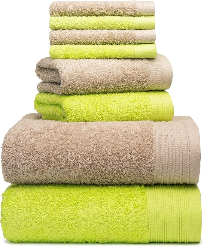 Premium 8 Pieces Towel Set Including 2 Bath Towels 30" x 56", 2 Hand Towels 18" x 30" and 4 Washcloths 13" x 13" - Color: Apple Green & Sand | Pure Cotton |Machine Washable high Absorbency