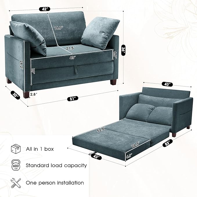 51" Convertible Loveseat Sofa Bed, 2-in-1 Folding Sofa Bed with 2 Pillow for Small Spaces, Modern Loveseat Sleeper Couch for Apartment, Living Room & Guest Room (Light Blue)