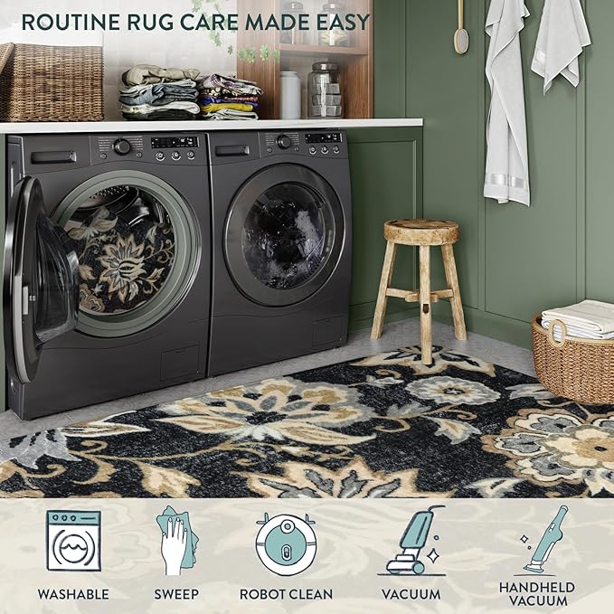 Lahome Floral Black Rug for Living Room - Washable 5 x 7 Area Rugs for Bedroom Non-Slip Ultra-Thin Large Rug Stain Resistant Dining Room Rugs, Paisley Print Accent Rugs Carpet for Office Kitchen