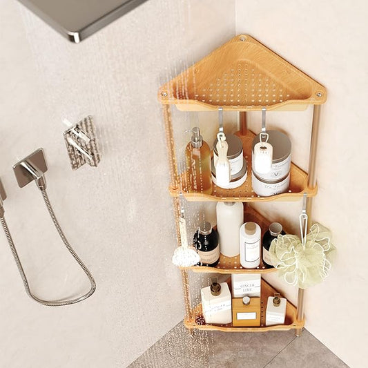 Orimade Rustproof 4 Tier Floor Standing Corner Shower Caddy Organizer, Plastic Aluminum Splicing Floor Corner Shelf Rack Storage Stands for Bathroom, Wood Grain Surface