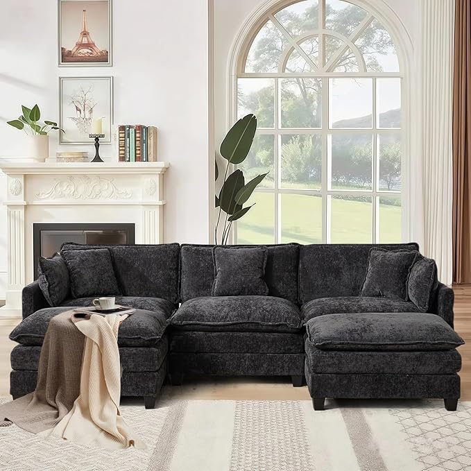 SoarFlash 113.78" Chenille Sectional Sofa, Comfy U Shaped Modular Coush Sofa with Ottoman, Modern 4 Seat Couch Deep Seat Sofa Set for Living Room,Black