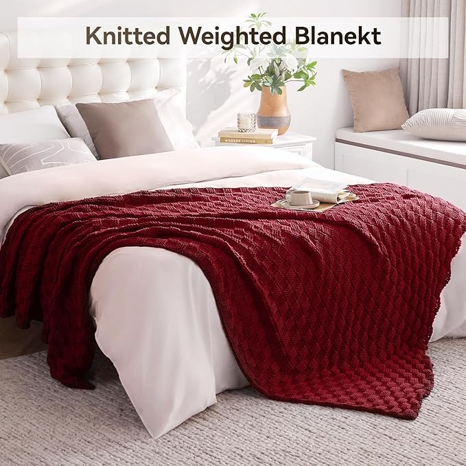 Knitted Weighted Blanket for Adult, No Beads Heavy Blanket 48” x 72'' 12lbs, Breathable Chunky Knit Blanket, Cooling Weighted Blanket for Hot Sleepers, Christmas Home Decor (Red)