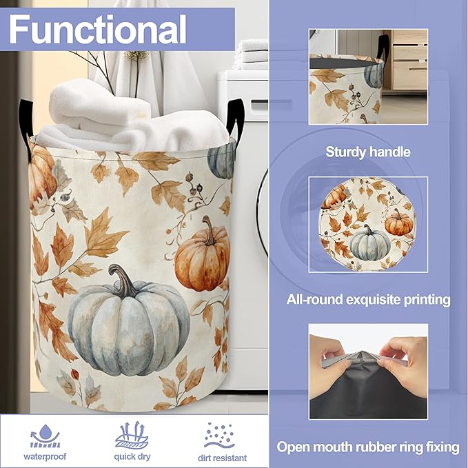 Fall Pumpkins Laundry Basket, Maple Leaves Oxford Cloth Laundry Hamper With Handle Foldable Portable Clothes Storage Basket Storage Bag For Laundry Room/Bathroom/Bedroom/Dormitories