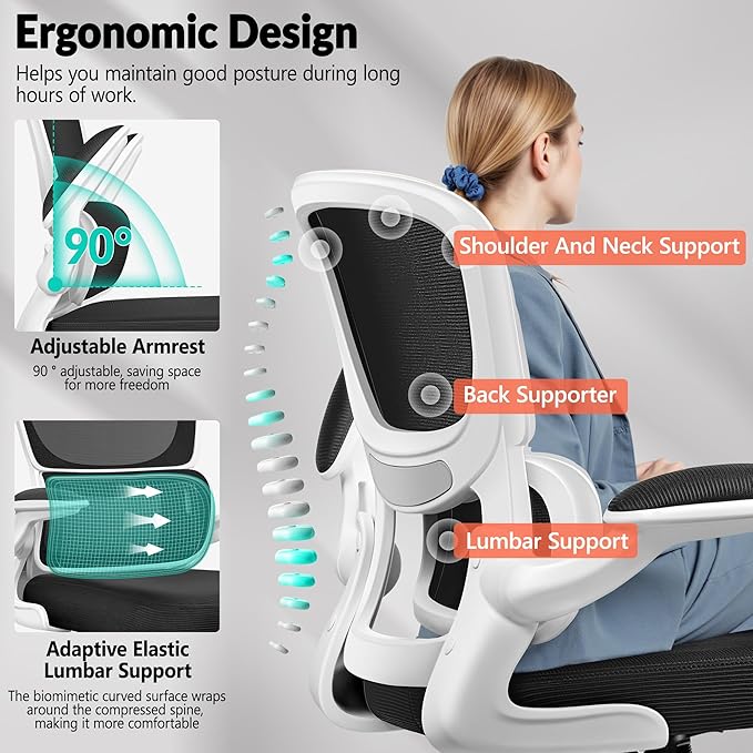Office Chair Ergonomic Desk Chair, Breathable Mesh Comfy Chair with Lumbar Support, Computer Chair, Home Desk Chair with Flip-up Armrests, Gaming Chair for Adults Home Office (White)