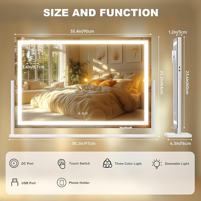Hasipu Vanity Mirror with Lights, 36" x 24" LED Makeup Mirror, Light up Mirror with 10X Magnification and Phone Holder, USB Charging Port, Smart Touch 3 Colors Dimmable (White)