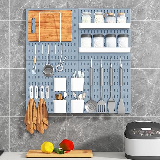 Peg Board Combination Kit, 4 Pegboards with 20 Accessories, Pegboard Wall Organizer for Office, Nursery & Home Storage, Key Holder, 25.6"x25.6" – Nail-Free Installation（Blue）
