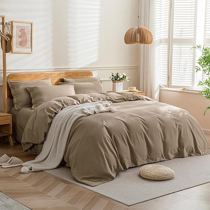 JELLYMONI Cotton Duvet Cover Twin Size - Khaki Comforter Cover with Button 100% Washed Cotton 2PCS Breathable Soft Solid Bedding Set Duvet Cover 68×90in & 1 Pillowcase (NO Comforter)