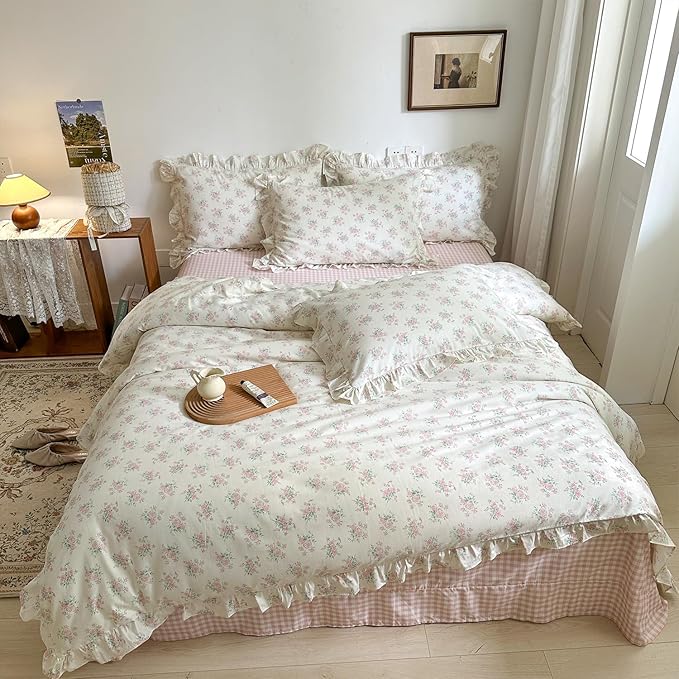 MKXI King Size Pink Floral Comforter Set - 3 Piece Ruffled Lace Bedding Set 1 King Comforter with 2 Pillowcases All Seasons, Soft Aesthetic Princess Style Floral Comforter for Girls, Women