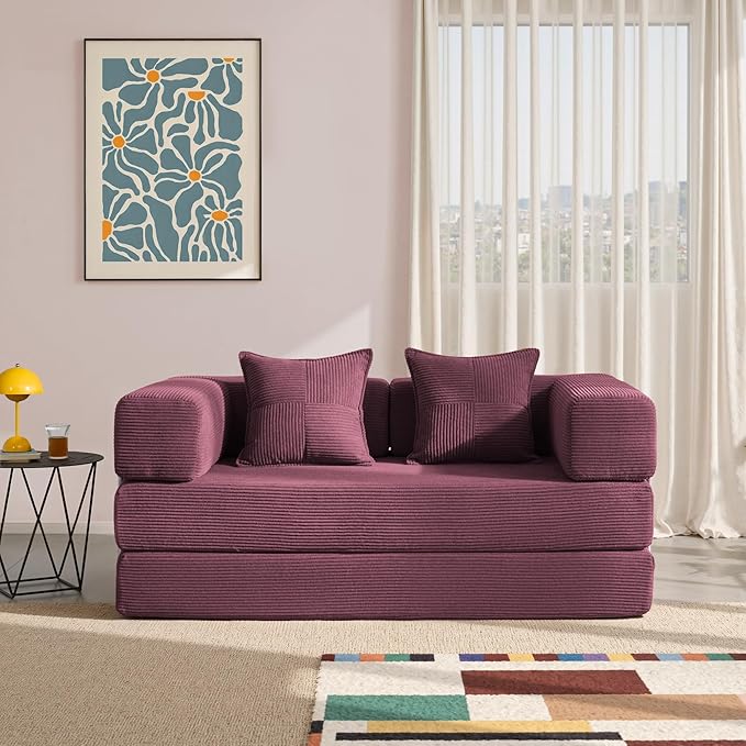 YINIX Foldable Sofa Bed, 62'' Folding Floor Couch, Compressed Convertable Sleeper Sofa, Memory Foam Couch with Pillow Back Support Armrest, 4-in-1 Futon Sofa Bed for Living Room, Wine Red