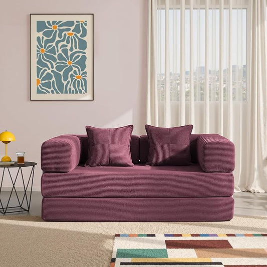 YINIX Foldable Sofa Bed, 62'' Folding Floor Couch, Compressed Convertable Sleeper Sofa, Memory Foam Couch with Pillow Back Support Armrest, 4-in-1 Futon Sofa Bed for Living Room, Wine Red
