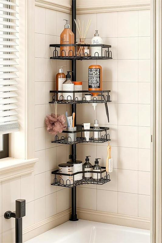 Corner Shower Caddy Tension Pole - 4-Tier Shower Corner Shelf for Bathtub Bathroom Shower Organizer - Adjustable 34in-120in, Space Saving Bathtub Accessory Shelves, Black