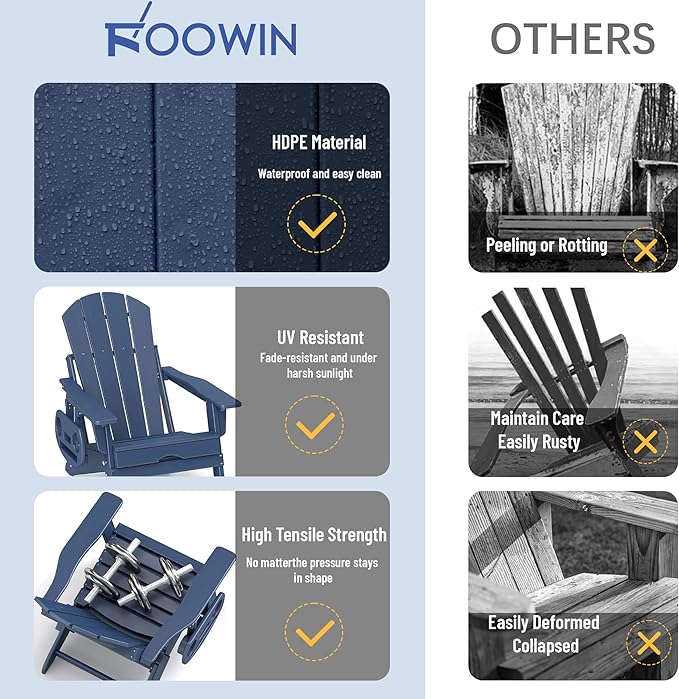 FOOWIN Adirondack Chair with Retractable Ottoman,HDPE Folding Adjustable Adirondack Chair w/4 in 1 Cup Holder Trays,All-Weather Resistant Fire Pit Chair for Outdoor Patio Lawn Set of 4