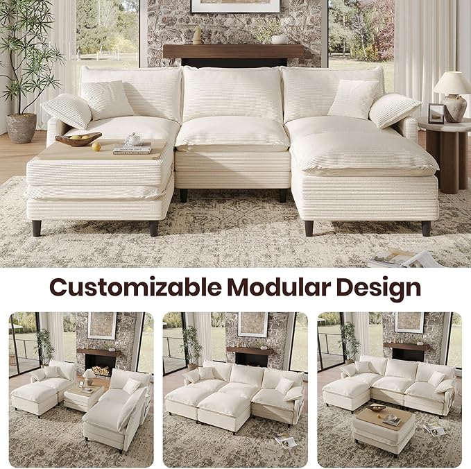 108" U Shaped Modular Sectional Cloud Couch with Two Ottoman, Snap-on Easy Installation 5-Piece Deep Seat Sofas with Storage Bag and Coffee Table for Living Room, Corduroy, Beige