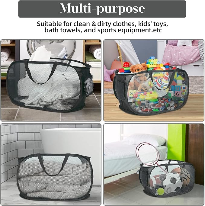 2 Pcs Durable Collapsible Laundry Baskets - Reinforced Mesh Pop Up Laundry Hamper with Pocket, Foldable Dirty Clothes Hamper with Carry Handles for Laundry, Bathroom, Kids Room, Dorm or Travel Black