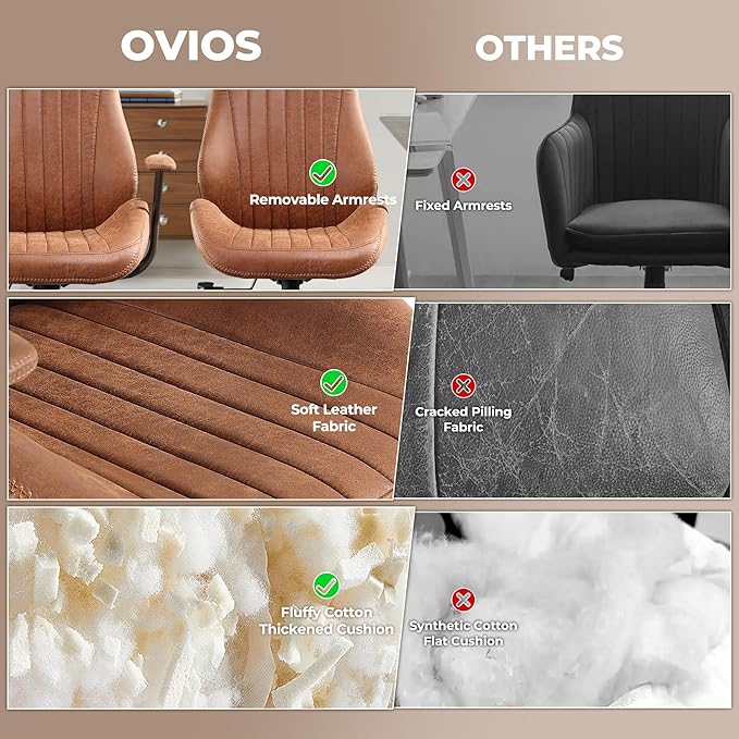 ovios Ergonomic Office Chair, High Back Faux Leather Executive Chairs with Armrests, Comfy High-Century Modern Swivel Rolling Computer Armchair (Brown, Suede Leather)