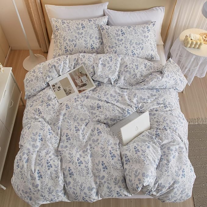 3 Pieces Duvet Cover Full Size Bedding White Duvet Cover with Blue Floral Print,Coquette Bedding Soft Cotton Comforter Cover Boho Style,Aesthetic Full Bedding Set with Zipper Closure 4 Ties,All Season