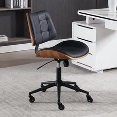 Home Office Desk Chair with Wheels, Adjustable Height Armless Office Chair, PU Leather Mid Back 360° Small Computer Chair, Modern Walnut Chair No Arms for Office, Reading Meeting Room(Black)
