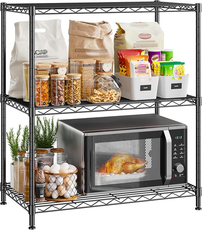 3 Tier Storage Shelves Metal Shelving Unit,Adjustable Wire Rack Pantry Kitchen Shelves,Small Shelf Wire Shelving for Laundry Office Bedroom Dorm Bathroom Closet 24" W x 30" H x 14" D Black Shelves