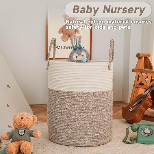 Large Woven Laundry Basket Hamper,60L Cotton Rope Storage Bin for Blankets,Toys and Clothes,Decorative Tall Nursery Hamper for Living Room,Baby Nursery,Bathroom and Bedroom,Brown