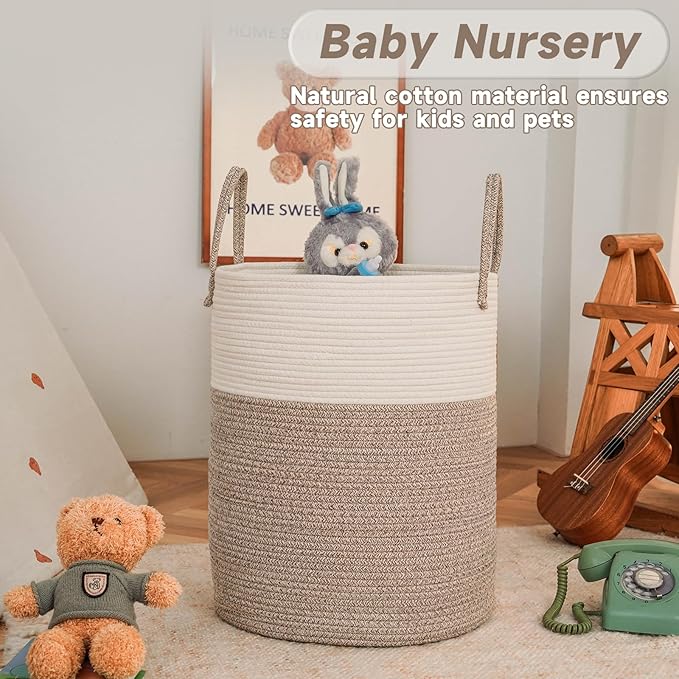 Large Woven Laundry Basket Hamper,80L Cotton Rope Storage Bin for Blankets,Toys and Clothes,Decorative Tall Nursery Hamper for Living Room,Baby Nursery,Bathroom and Bedroom,Brown