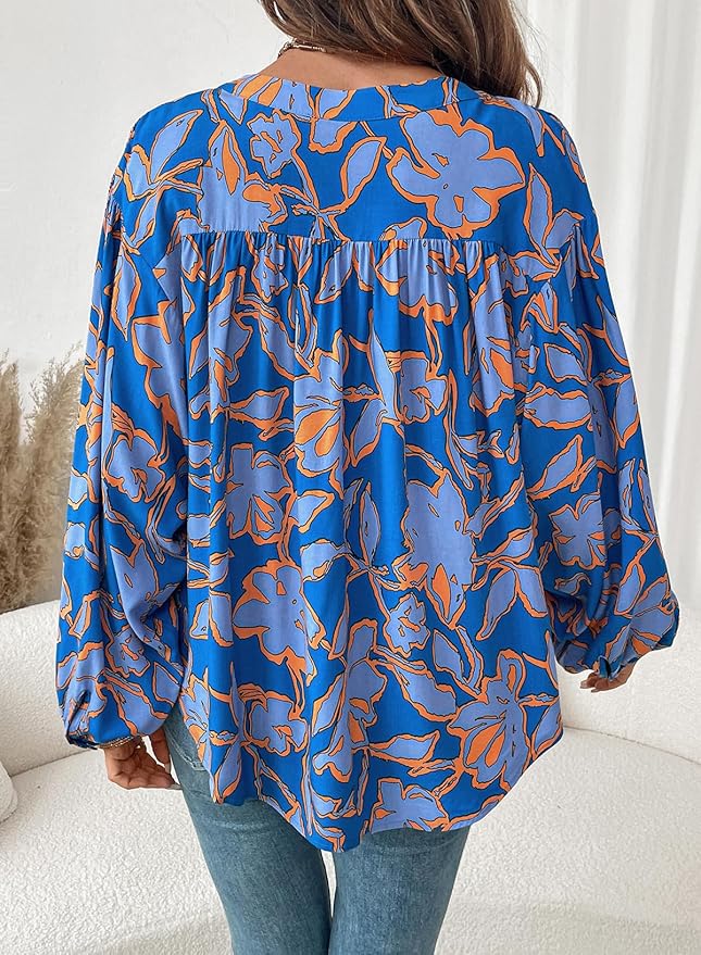 Astylish Womens 2026 Boho Floral Loose Spring Summer Tops Lantern Sleeve Flowy Blouses V Neck Button Down Shirts