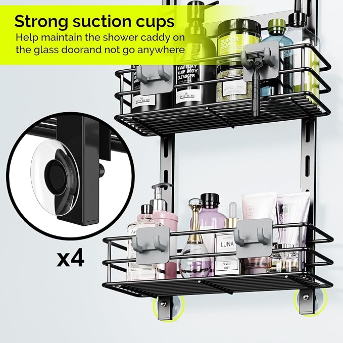 Orimade Over The Door Shower Caddy Adjustable 4 Tier Black,Bathroom Hanging Organizer Shelf Rustproof with 4 Hooks,Shower Basket with Soap Holder and Suction Cup