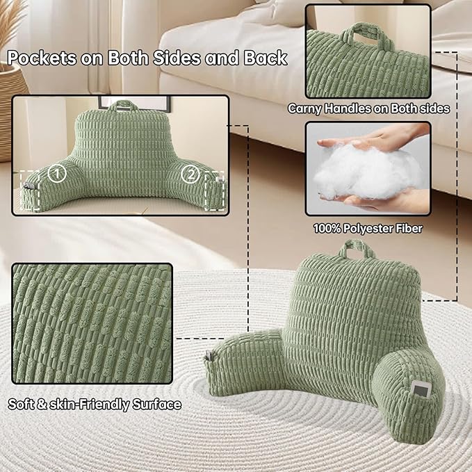 Reading Pillow for Sitting in Bed, Large Backrest Reading Pillow with Arm Rest,Back-Rest Support Cushion for Sit Up on Couch, Sofa, and Floor, Dorm Essentials (Green Corduroy, Standard(17"))