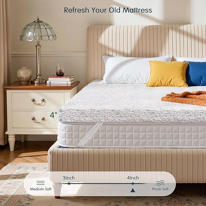 SyMax King Mattress Topper, Gel Infused Memory Foam Mattress Topper, 4 Inch Bed Topper with Cover, Soft Cooling and Pressure Relieving, CertiPUR-US Certified, King
