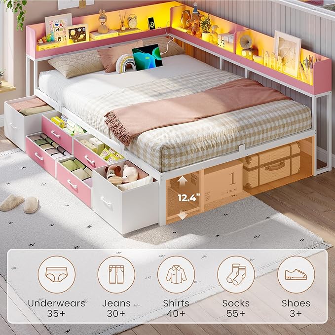 VIAGDO Corner Bed Frame Full with Storage Bookcase and 6 Drawers, Metal Platform Corner Bed Frame with LED Lights and Charging Station, Full Daybed for Kids Teenagers, Pink