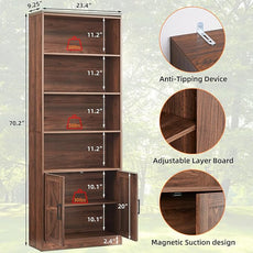 70in Tall Bookshelf 6 Tier Bookcase with Barn Doors and Adjustable Shelf, Brown Farmhouse Book Shelves with Storage Cabinet,Wood Floor Standing Display Bookshelve for Bedroom,Living Room,Kitchen