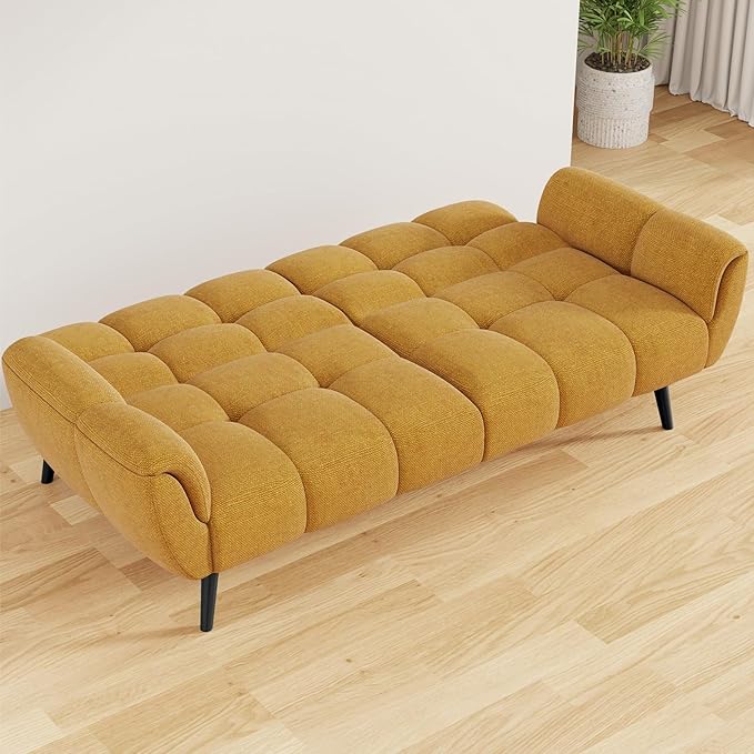 Futon Sofa Bed, Convertible 77" Modern Linen Futon Couch, Comfy Sleeper Sofa with Adjustable Backrests, Couch Bed for Small Spaces, Living Room, Bedroom, Apartment, Golden Yellow