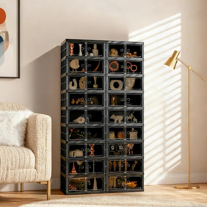 Foldable Shoe Organizer Storage Box Set of 2, Portable Extra Large Folding Shoe Rack for Closet, Shoe Storage Box with Magnetic Transparent Door and Wheels, 9 Layers 18 Grids