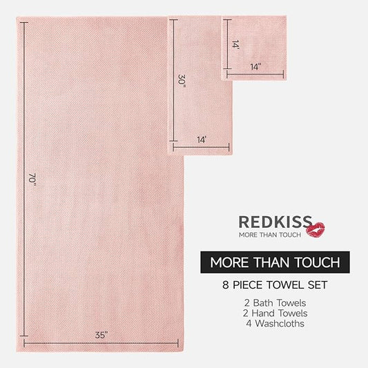 REDKISS Pink Towel Set of 8 - Ultra Soft Microfiber, Contains 2 Large Bath 35x70, 2 Hand 14x30, 4 Washcloths 14x14, Highly Absorbent, Quick Dry, Ideal for Everyday use, Hotel & Spa, Pink