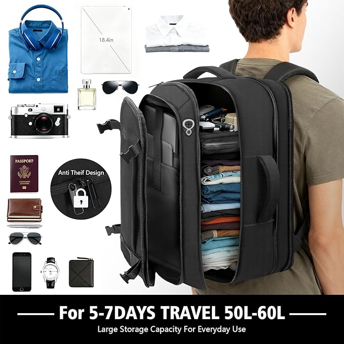 Carry On Backpack,50-60L Expandable Large Capacity Travel Backpack with Cable Access Port Fits18.4 Inch Laptop,Water Resistant Weekender Backpack for Men Women Business College Hiking Commuting,Black