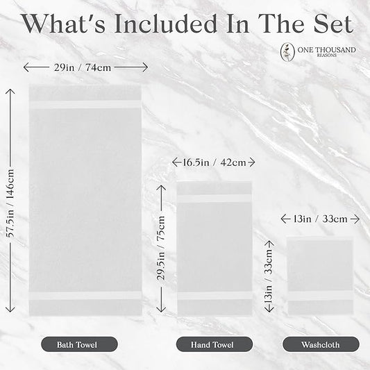 Premium Staple Cotton Bathroom Towel Set - White 600 GSM 6-Piece Luxury Bath Towel Set 1 Stripe - 2 Bath Towels, 2 Hand Towels & 2 Washclothes Set - High Absorbent & Quick Dry for Gym, Spa, Hotel