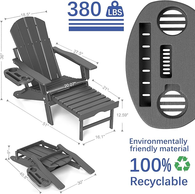 FOOWIN Adirondack Chair with Retractable Ottoman,HDPE Folding Adjustable Adirondack Chair w/4 in 1 Cup Holder Trays,All-Weather Resistant Fire Pit Chair for Outdoor Patio Lawn Set of 8