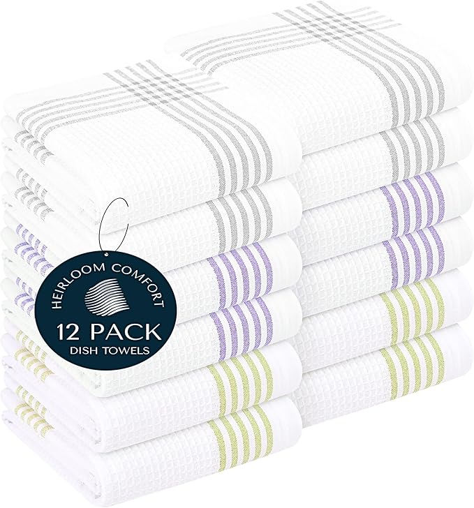 White Waffle Weave Kitchen Towels 12 Pack, 16x26 Inch, Cotton Dish Towels, Quick Dry, Absorbent, Machine Washable, Durable for Kitchen & Cleaning, Light Grey, Lavender, Lemon Green