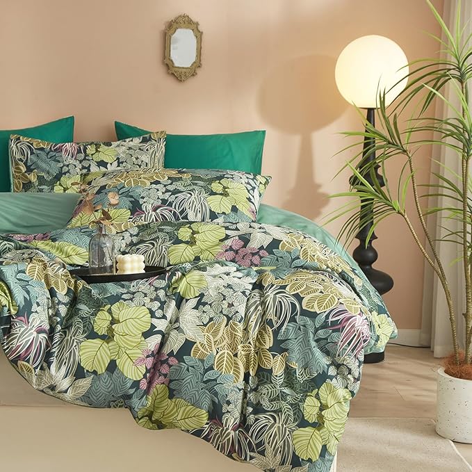HighBuy Tropical Green Leaves Duvet Cover Twin XL Kids Girl Bedding Set Cottagecore Comforter Cover with 2 Pillowcases 100% Cotton Garden Duvet Cover Twin XL Aesthetic Bedding Set with Zipper