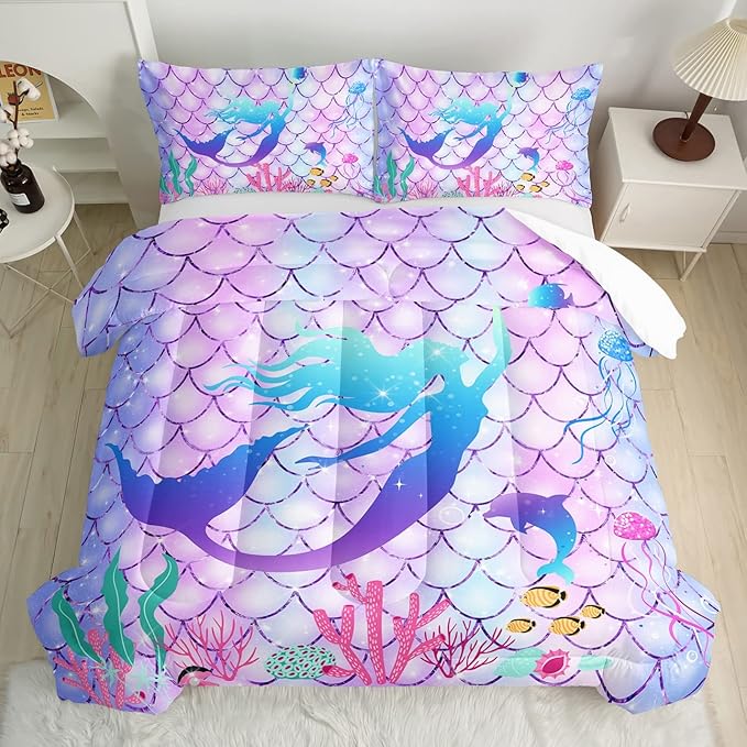 CVHOUSE Mermaid Comforter Set,Rainbow Mermaid Bedding Set for Girls Kids Teens,Rainbow Mermaid Comforter Mermaid Duvet Set Room Decor Quilt Set Twin Size