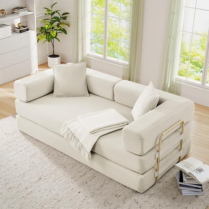 Antetek Convertible Futon Sofa Bed, 3-Seater Modern Corduroy Foam Floor King Size Bed Fold Out Sleeper Lounge Loveseat Sofa Couch with 2 Throw Pillows for Living Room Bedroom Guest Room, Beige